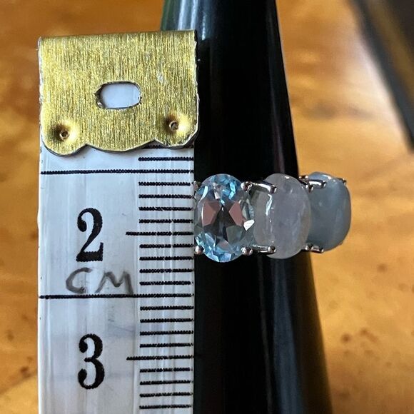 Blue Topaz Rainbow Moonstone Sterling Silver Ring Size 6 - Picture 7 of 9